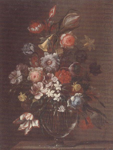 Still life of carnations,tulips,roses and daffodils,in a glass vase,upon a table-top, unknow artist